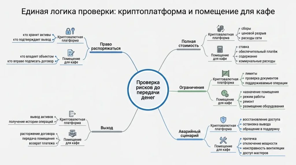 Единая логика проверки: криптоплатформа и помещение для кафе